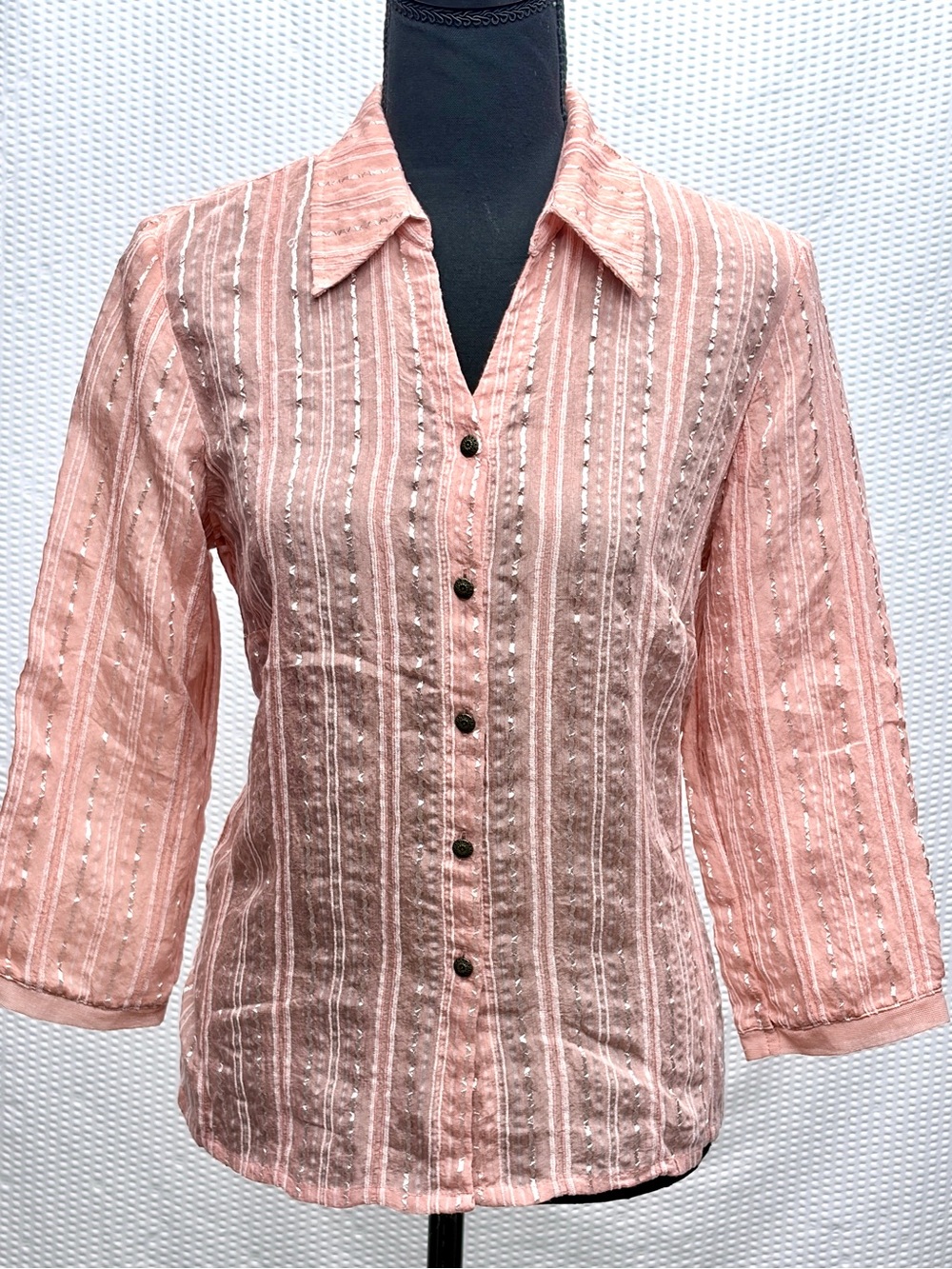 Vintage JH Collectibles Blouse M Peach Pink Metallic Stripe Sheer Button Up EUC